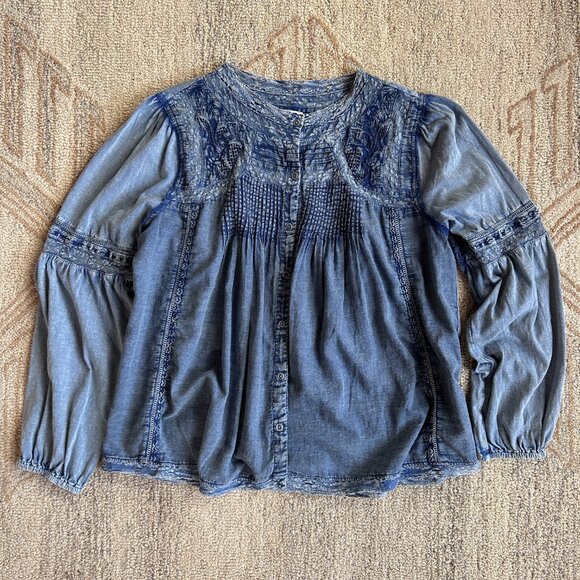 Sundance Cotton Boho Peasant Blouse Prairie Romantic Indigo Blue Women L - Picture 14 of 14